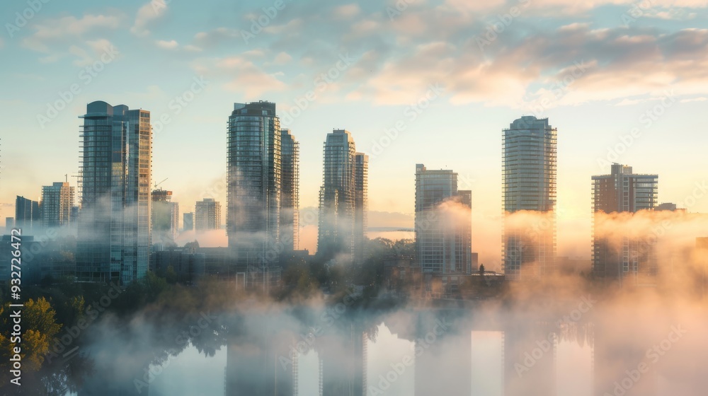 Poster graceful city skyline with distinctive tall structures and a serene backdrop of early morning mist o