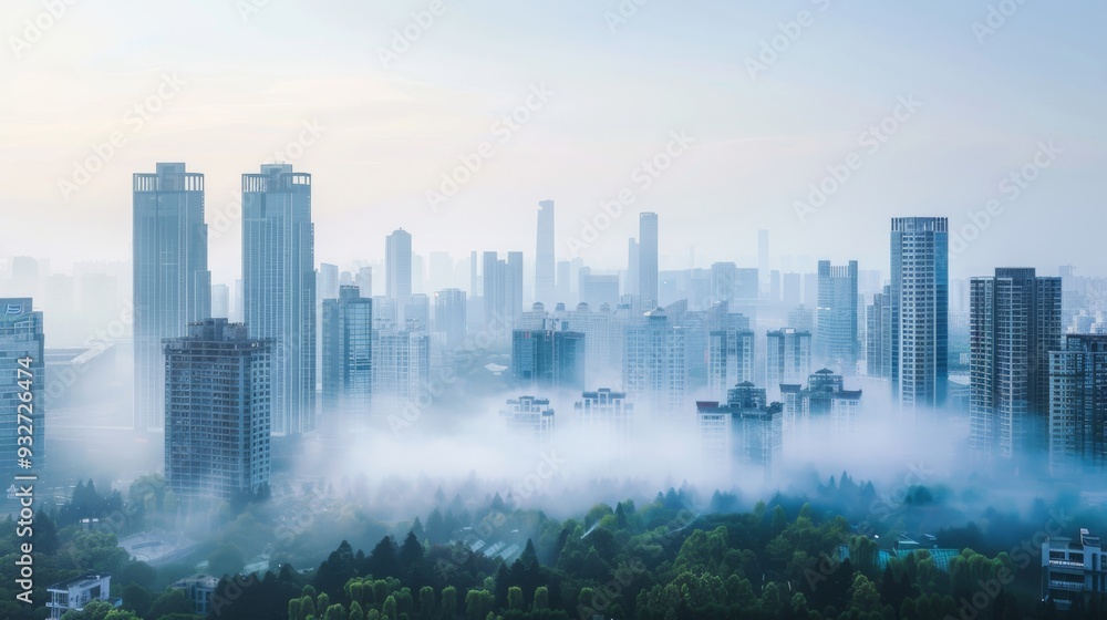 Poster graceful city skyline with distinctive tall structures and a serene backdrop of early morning mist o