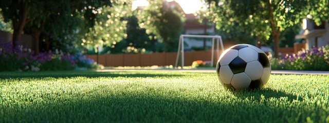 Soccer ball, perfectly centered on a grass field, goalpost in the distance, bright afternoon sunlight