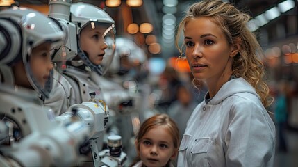 mom,children during take your kid to work day encouraging them in career in robotics showing them robotic arm field trip to real robotics laboratory real scientist talking,schoolboy