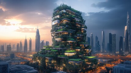 Obraz premium Futuristic Urban Skyscraper with Vertical Gardens at Sunset in a Modern Cityscape