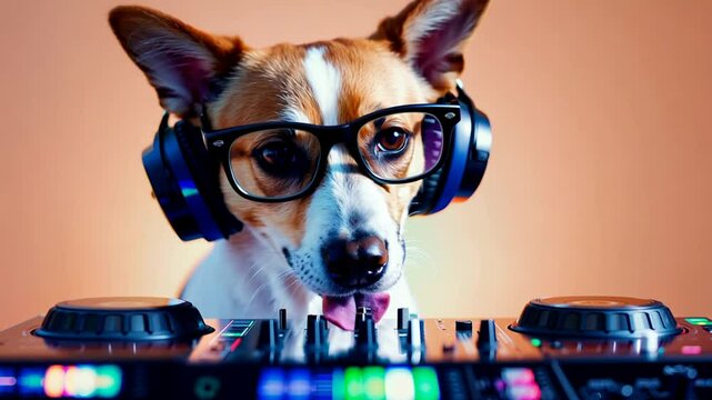 Dog DJ mixes music in a vibrant studio setting
