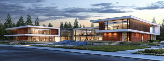 Obraz premium Sustainable architecture, modern building with solar panels, in an eco-friendly community, soft morning light