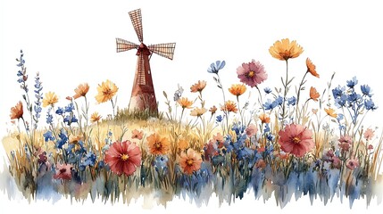 Fototapeta premium Watercolor clip art of a windmill on a hilltop, with rolling fields and wildflowers, white background