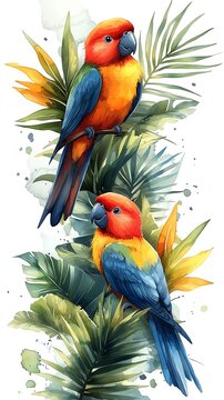 colorful parrots perched tropical leaves clip art preview