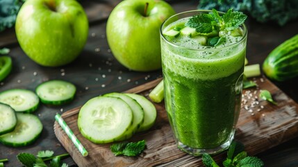 Fototapeta premium Healthy green smoothie with cucumber celery and apple