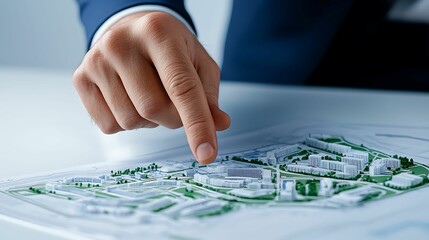 Close-up of a real estate agent's hand pointing to a map, emphasizing strategic urban development, copy space for text,