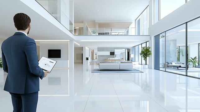 First-person view of a potential buyer touring a luxury apartment, highlighting location and pricing considerations, copy space for text,