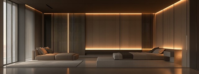 Voice-controlled lights, dimming in a modern bedroom, soft ambient glow