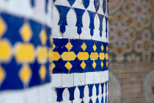 Africa, Morocco, Fes. Designs on wall tile. 