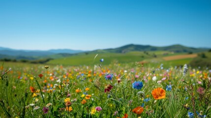 Fototapeta premium Lush green meadow with colorful wildflowers in full bloom under a clear blue sky, gently rolling hills in the distance.