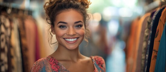 Obraz premium Smiling Young Woman in Colorful Clothing Store with Vibrant Dresses and Fashionable Outfits