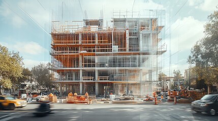 Modern building under construction in city, showing the structural frame.