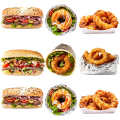 Variety of delicious fast food items including sandwiches, wraps, and onion rings