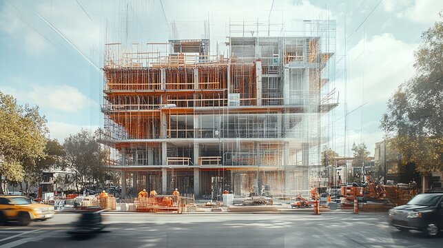 Modern building under construction in city, showing the structural frame.