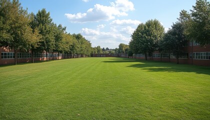 Green grass lawn with trees and building. This picture can be used for concepts of education, outdoors, or nature.
