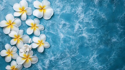 Fototapeta premium White and yellow plumeria flowers arranged on a blue textured background.