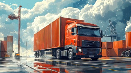 A vivid industrial scene depicts a red cargo truck amidst a busy port, with shipping containers and a crane, ideal for logistics, transportation, and shipping industry visuals,