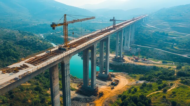 Aerial view of a large bridge under construction in a mountainous region.