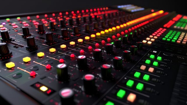 Mixing console with illuminated controls and smooth surface with clean background
