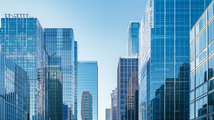 Obraz premium Modern city skyline with sleek glass buildings and elegant architecture under a clear blue sky, showcasing a blend of contemporary design.