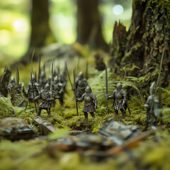 A serene forest inhabited by tiny elven warriors, set against a backdrop of medieval battle relics, captured in eye-level macro photography, watercolor style