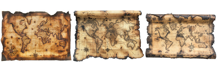 Three antique world maps on aged paper showing historical geography and exploration
