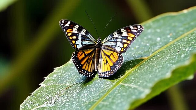 Stunning plain tiger butterfly perches on a green leaf, displaying colorful patterns under warm sunlight, adding wonder to nature