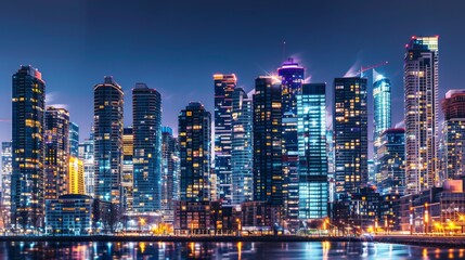 Nighttime cityscape displaying a dramatic skyline with brightly lit skyscrapers and bustling streets, emphasizing the city's dynamic atmosphere.