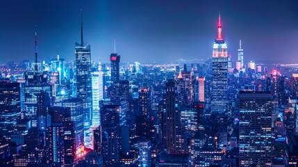 Obraz premium Nighttime cityscape displaying a dramatic skyline with brightly lit skyscrapers and bustling streets, emphasizing the city's dynamic atmosphere.