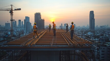 Construction workers on a high-rise building at sunset.