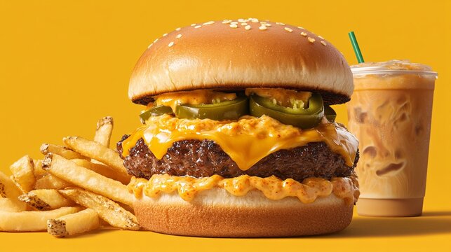 An enticing burger set with a spicy Sriracha burger featuring a beef patty, spicy Sriracha mayo, jalape o slices, and melted pepper jack cheese, all in a toasted bun. The set includes a side of