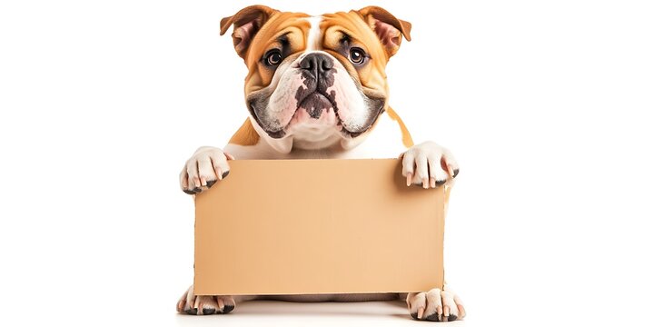 A full-body image of a cute smiling English bulldog holding a blank cardboard sign with both paws, isolated on a white background, with an alert and attentive expression
