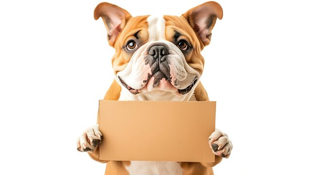 A full-body view of a cute smiling English bulldog holding a blank cardboard sign in its paws, isolated on a white background, looking directly at the camera with an attentive expression