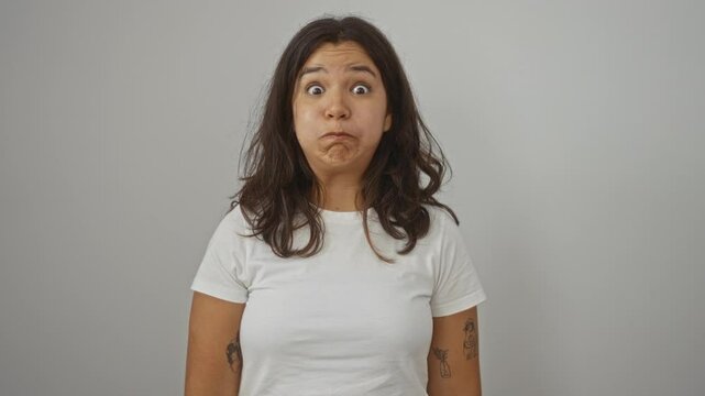 Young hispanic woman wearing white t-shirt standing with puffing cheeks and funny face, mouth inflated with air, over isolated background