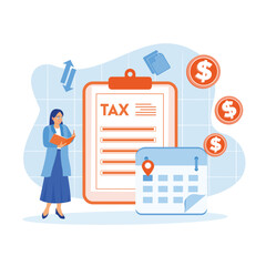 Female accountant preparing tax documents. Calculate and create financial reports. Tax Audit concept. Flat vector illustration.