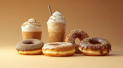 A delightful donut set showcasing a selection of donuts, including caramel glaze, sprinkles, and cream-filled. The set is accompanied by a refreshing iced coffee with a straw. The background is a