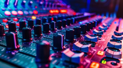 Obraz premium Professional mixing console with focused faders and controls with clean background