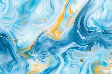 Obraz premium Abstract background with a swirling liquid marble pattern in pastel blue and yellow colors, on a white background, 