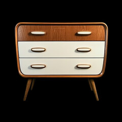 Stylish Vintage Chest of Drawers with Three Drawers in Elegant White and Brown Tones, Set Against a Solid Black Background, High Resolution.