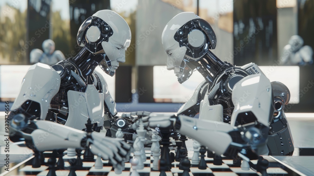 Poster Robots playing chess in a modern setting Close-up photo with clean background