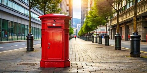 Red postal box standing on a walkway in the city