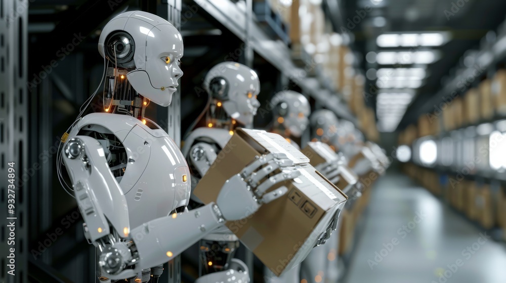 Poster robots sorting packages in a warehouse