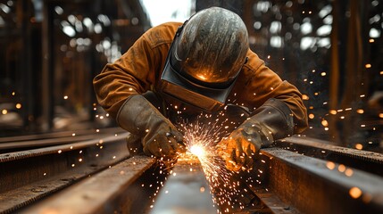 A welder works on a metal beam, sparks flying from his welding torch.