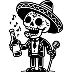 Cheerful street singer with a bottle of Tequila in his hand sings a song in monochrome. Simple minimalistic vector in black ink drawing on transparent background