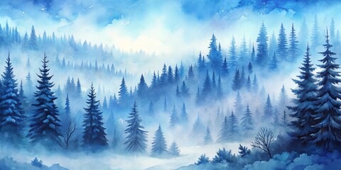 Fototapeta premium Frosty winter scene of a misty forest hill in shades of blue watercolor