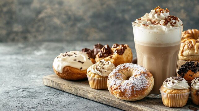 An appetizing bakery set showcasing a variety of freshly baked items, including bagels, muffins, and pastries. The set is paired with a refreshing iced latte in a clear glass with ice. The background