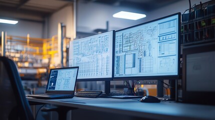 A workstation with a laptop and two monitors displaying technical diagrams in a server room.