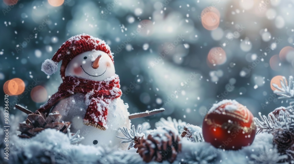 Poster a snowman with a red scarf and a red hat is standing in the snow