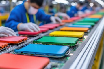 Fototapeta premium A vibrant assembly line featuring colorful laptops being assembled by workers in a factory setting.